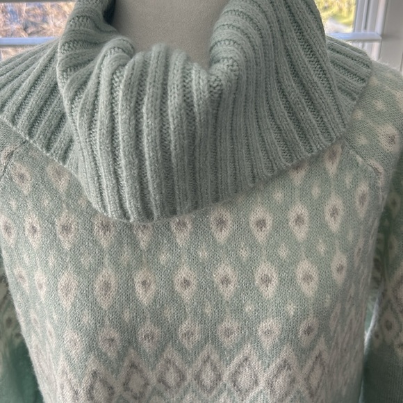 RICKI'S Women's Mint Green Fair Isle Cowl Neck Tunic Sweater, Turtleneck Top - Picture 2 of 13